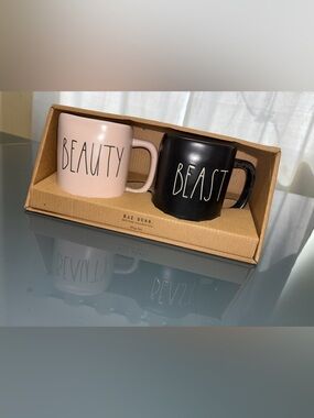 Rae Dunn Beauty & Beast Pink & Black Mug Set